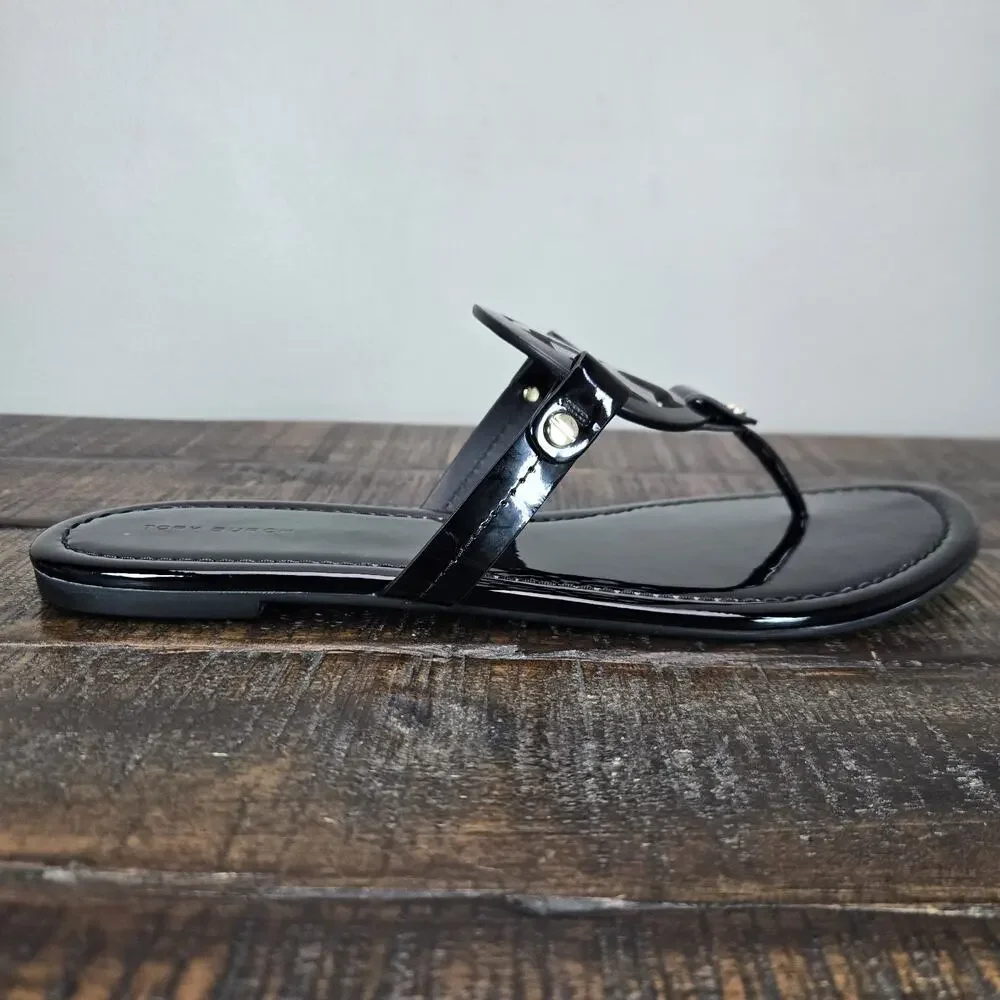 NEW Tory Burch Miller Patent Leather Womens Size 7 Logo Sandals Flip Flops Black